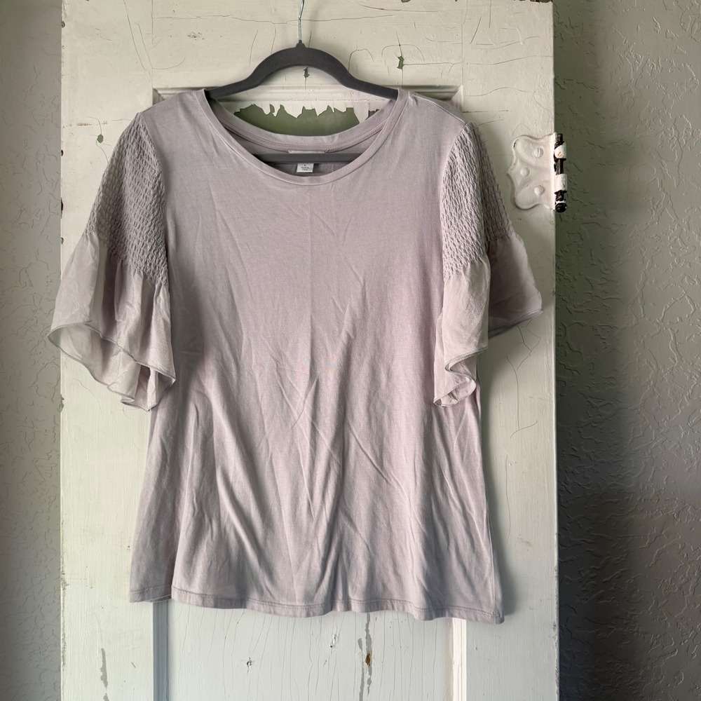 Sundance Smocked Silk Sleeve Tee Lavender Grey Cotton Modal Top Large SP119